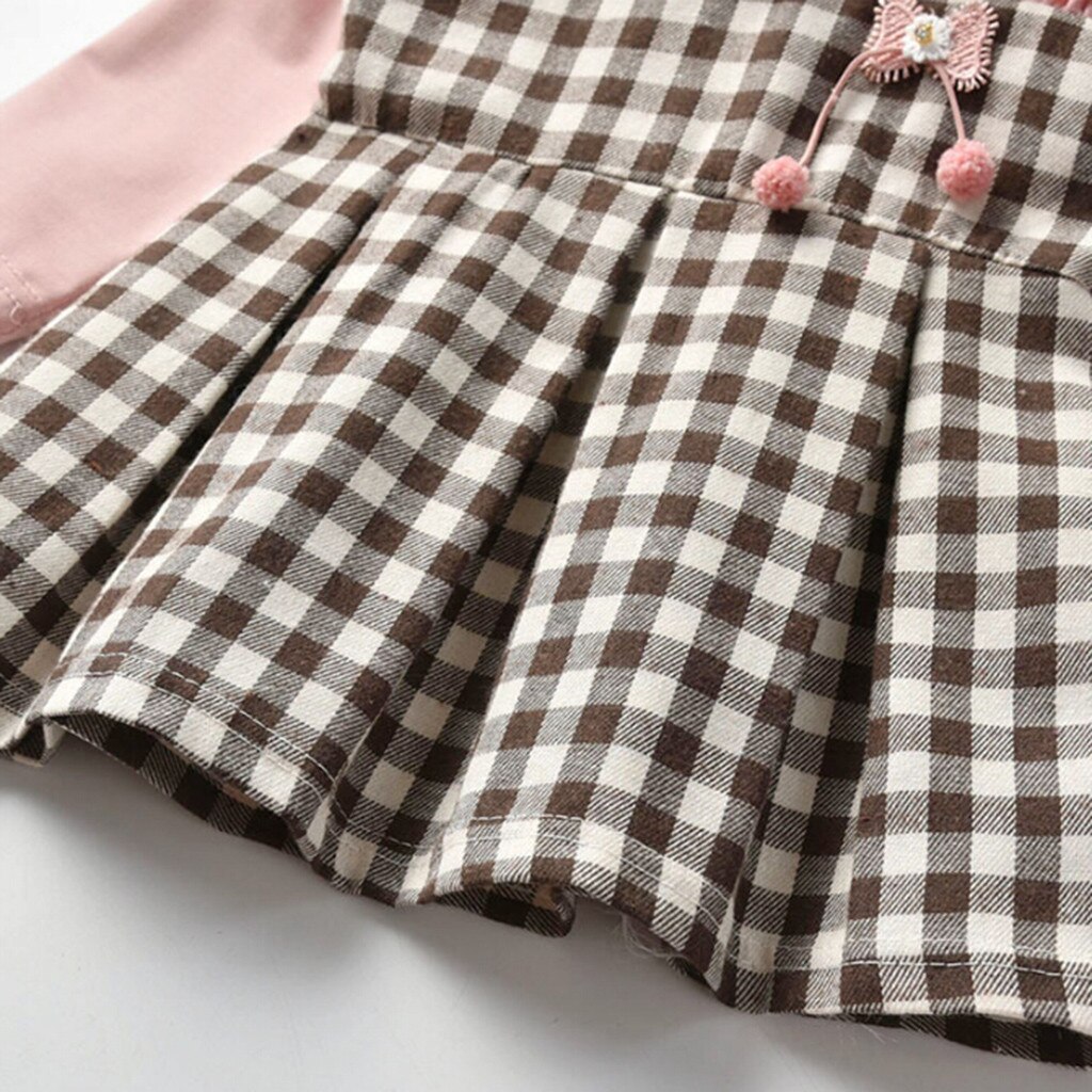 Baby Kids Girls Dress Long Sleeve Ruched Plaid Patchwork Strap Faux Twinset Princess Dress Clothes Toddler Kids Dresses For Girl