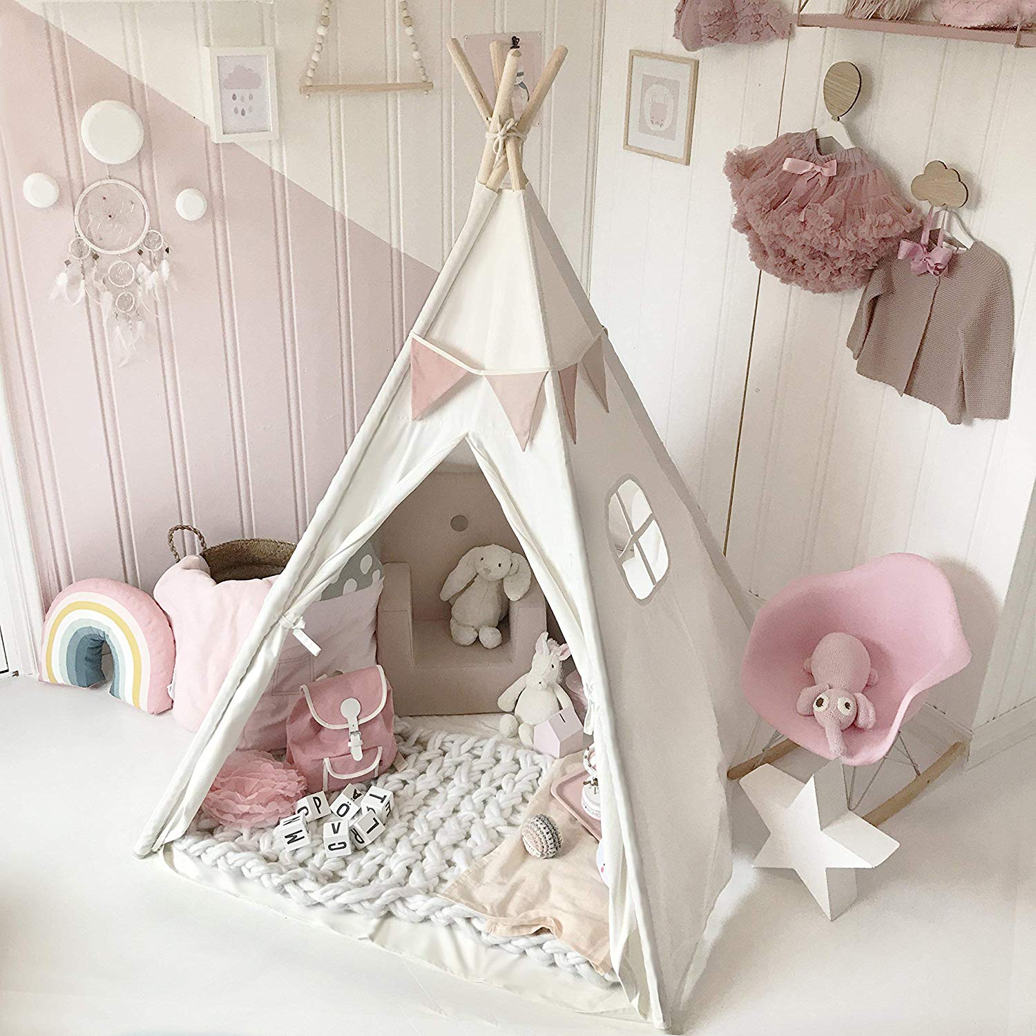 Tipi Tent Voor Kinderen Spelen-Tent Teepee Huis Wigwam Kamer Kinderen Tent Spel Huis Driehoek Teepee Canvas slapen Dome 130Cm