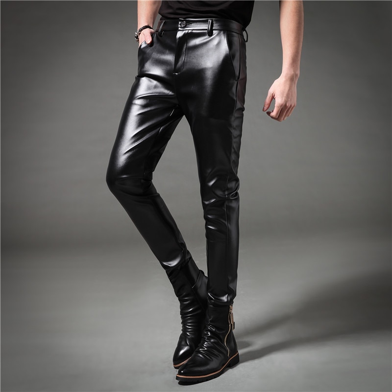 Pantalones pitillo de cuero informales para hombre de primavera y otoño, pantalones pitillo de estilo vintage para motociclismo y punk, pantalones ajustados de estilo coreano para hombre, pantalones para discoteca