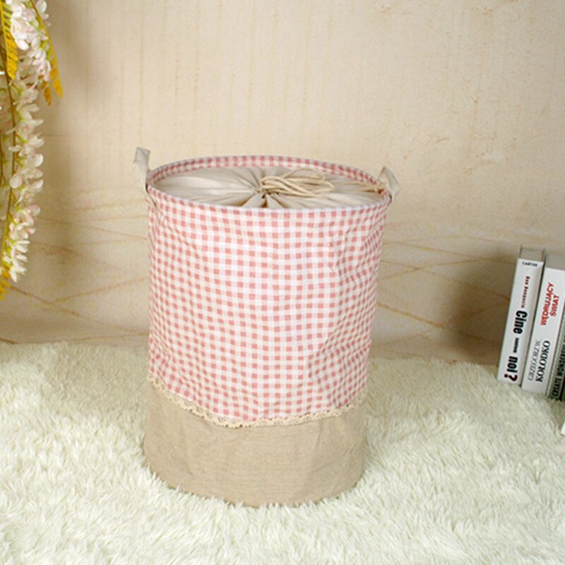 2x Linen Cotton Laundry Basket Dirty Clothes Storage Basket for Large Sundries Boxes Folding Drawstring White & Pink