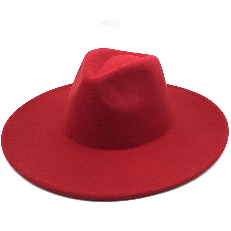 Eenvoudige 9.5Cm Brede Rand Grote Witte Fedora Britse Stijl Winter Wol Effen Klassieke Fedora Cap Mannen Vrouwen Panama Jazz hoed: red