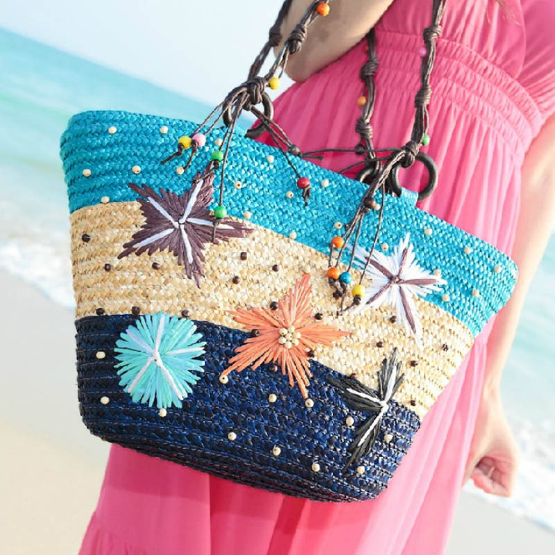 Bohemian hand-embroidered starfish straw bag beaded woven handbag shoulder bag