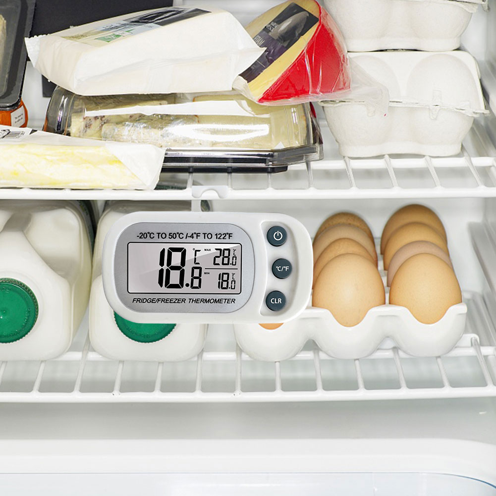 Digitales Kühlschrankthermometer, großes LCD, wasserdichtes Kühlschrank-Gefrierschrank-Thermometer, magnetische Rückseite und Haken für Zuhause, Riegel, Cafés