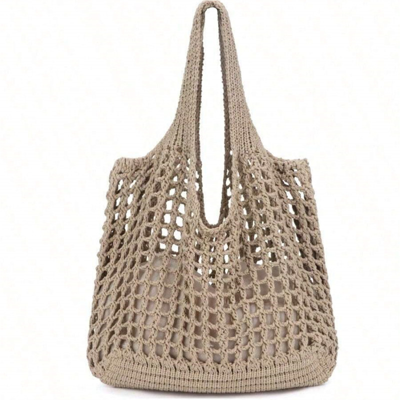Bolsa tote feminina de crochê, bolsa de praia vazada, grande capacidade, moda de malha, cor sólida, bolsa de compras simples para viagens e férias