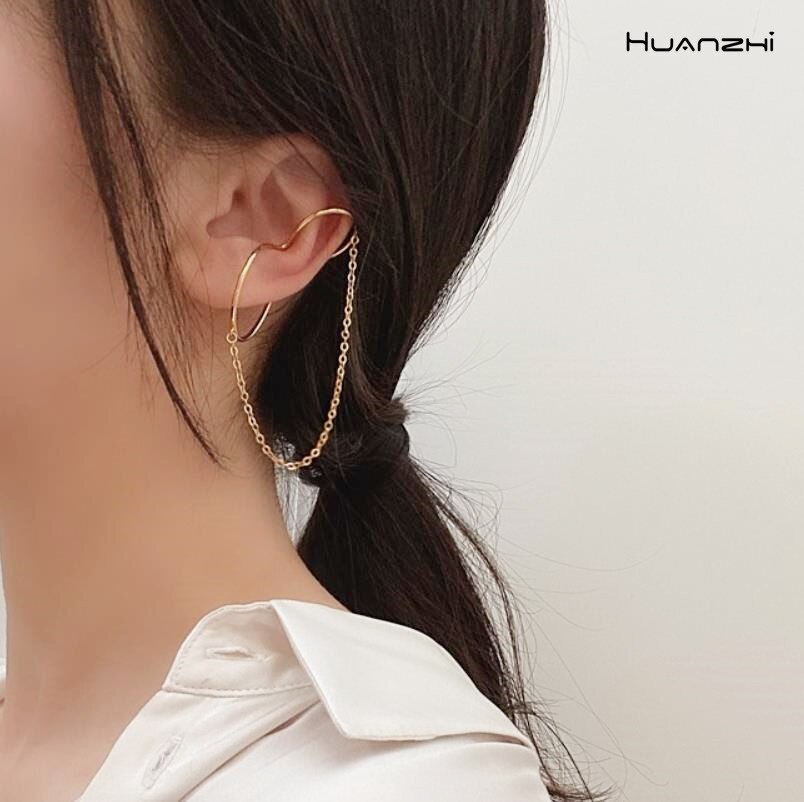 Huanzhi guld sliver färg metall ear cuff örhängen utan piercing geometrisk kedja dubbel cirkel för kvinnor flicka smycken