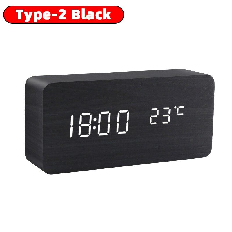 Wekker Tafel Klok Led Digitale Houten Usb/Aaa Aangedreven Bureauklok Temperatuur Vochtigheid Voice Control Elektronische Home Decor: type 2-black