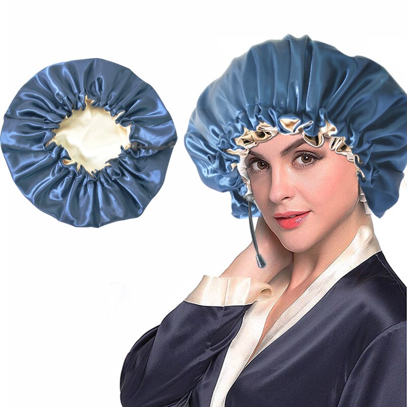 Hair Salon Elastic Thicken Double Layer Night Cap Adjustable Women's Oiled Shower Soft Silk Bath Hat Satin Bonnet Logo Printing: Blue 1