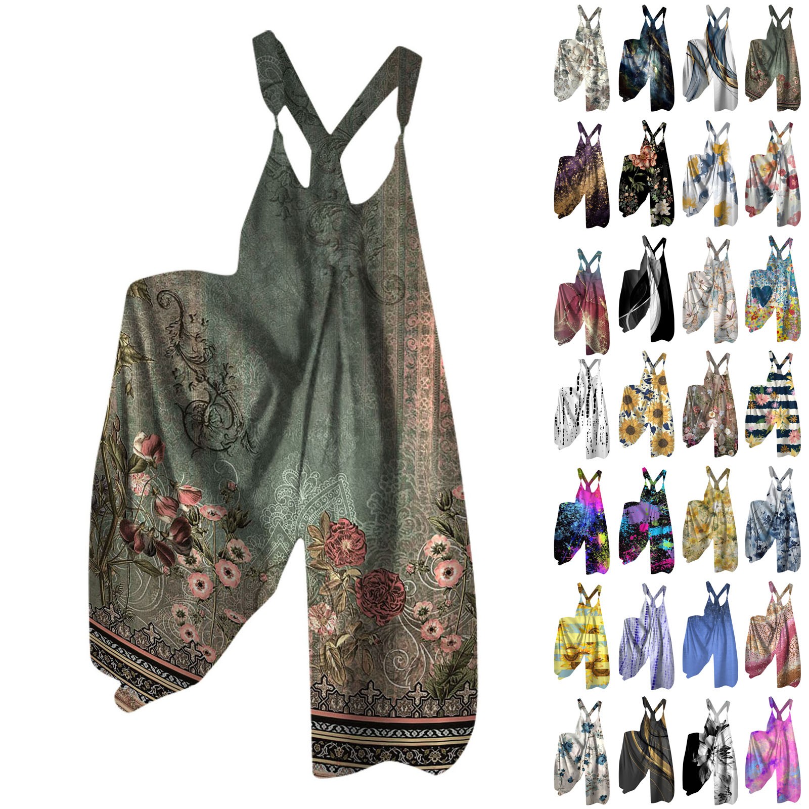 Brede overalls til kvinder, afslappet, løse ærmeløse jumpsuits med retroprint, metalknapper, lange bukser med lommer