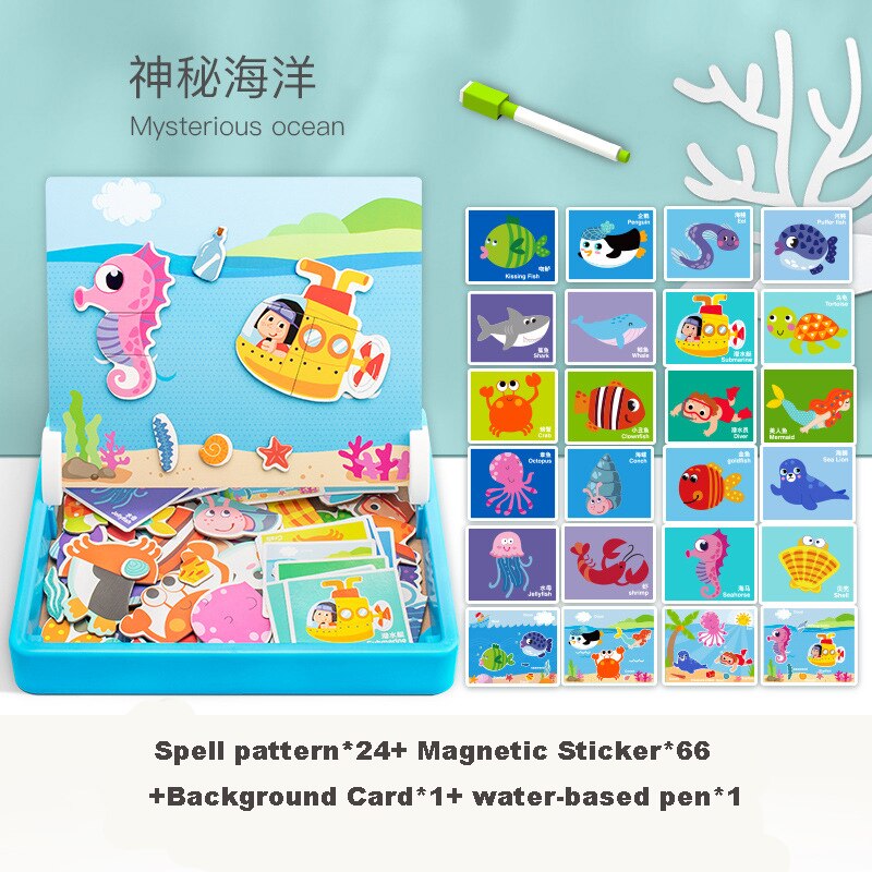 Kids Magnetic Puzzle Jigsaw Traffic Change Face Game Double-Sided Drawing Board Baby Early Education Toys For Children: Mysterious-ocean