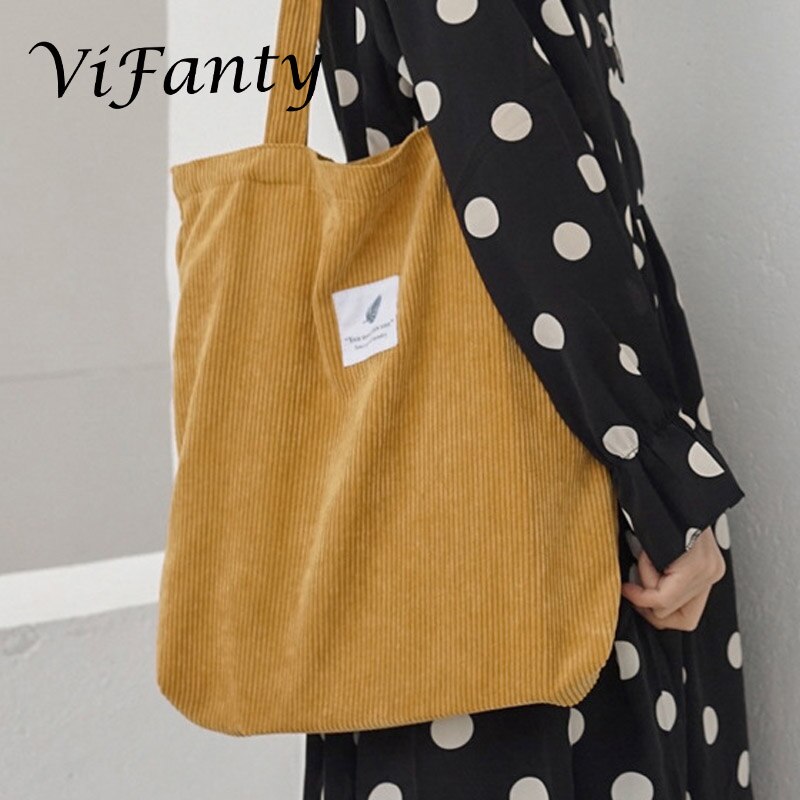 Meisjes Vrouwen Corduroy Boodschappentas Canvas Doek Schoudertas Milieu Opslag Handtas Herbruikbare Eco Grocery Totes Tas