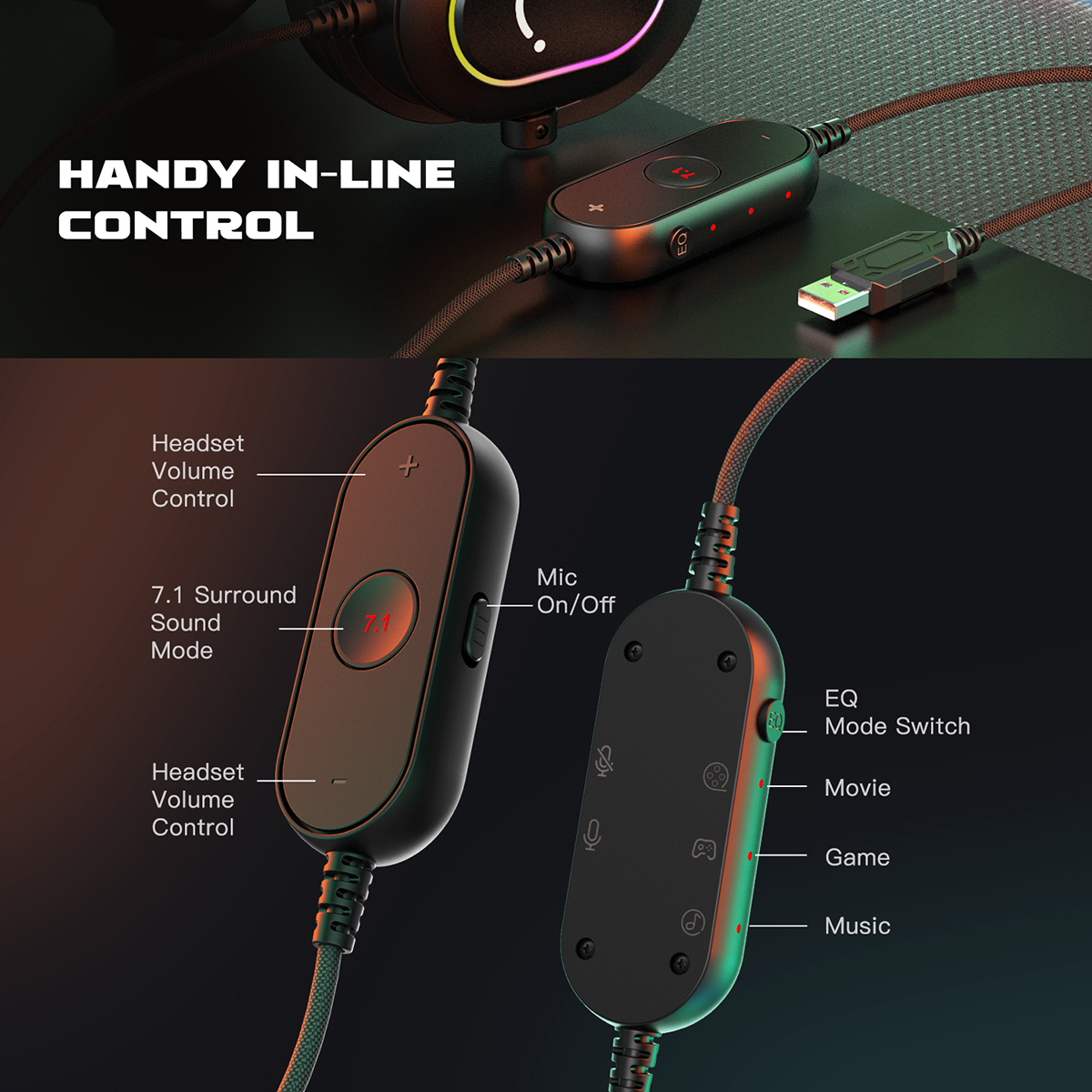 Fifine Dynamiczny zestaw słuchawkowy RGB do gier z mikrofonem Słuchawki nauszne 7.1 Dźwięk przestrzenny PC PS4 PS5 3 Opcje EQ Gra Film Muzyka