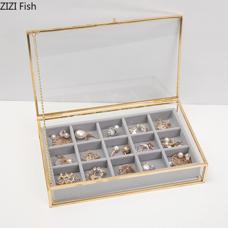 Europæiske smykkeskærmboks smykker støvtæt opbevaringsboks rektangulær retro gennemsigtig glas ringørering skærmsmykker