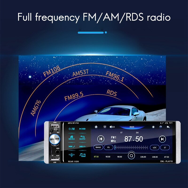 1Din Mp5 Speler Druk Autoradio Bidirectionele Interconnectie Rds Am Fm 4-USB 5.1 Inch Ondersteuning Android Auto Muziekspeler