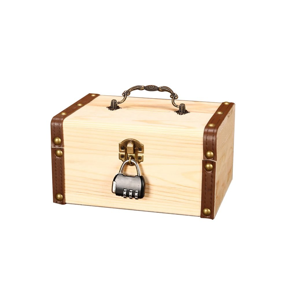 Household Small Safe Deposit Box Child Little Girl Wooden Piggy Bank Retro Desktop Storage Box: L pine code lock