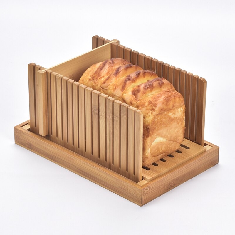 Bamboo Bread Slicer for Homemade Bread Cutting Board with Crumble Holder Tray Adjustable Compact Foldable Loaf Slicer