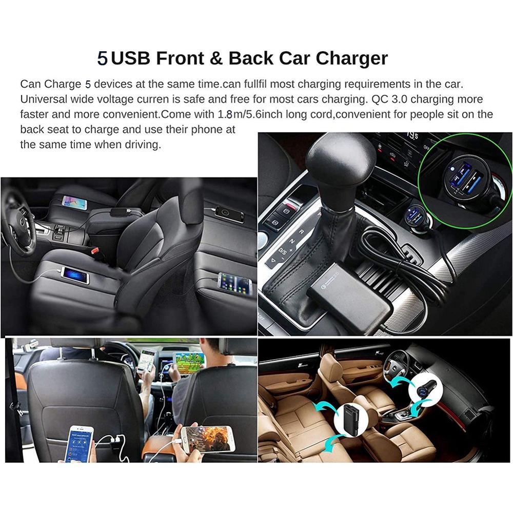 Extensor de mechero de coche, cargador de carga rápida QC 3,0 de 12V-24V, 5 puertos USB, adaptador de enchufe frontal y trasero, enchufe de carga para vehículo