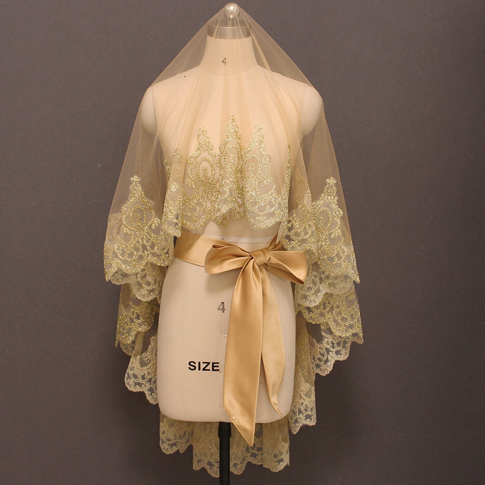 Duvak ve Kusak SchöNe Gold Spitze Tüll Hochzeit Schleier ohne Kamm Kurze Braut Schleier Hochzeit Zubehör