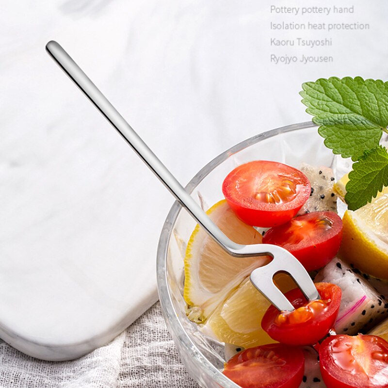 Tenedor de fruta de acero inoxidable, tenedor chapado en oro, mango largo, , cuchara de café para helado, cucharas de fruta multifuncionales