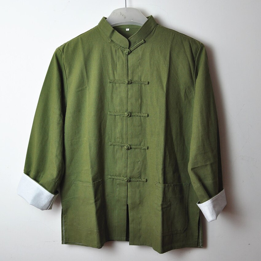Katoen Linnen Chinese Traditionele Kostuums Tang Pak Voor Mannen Retro Vintage Jasje Shirt Knoop Knop Mandarijn Kraag Tops Outfits: Green / L