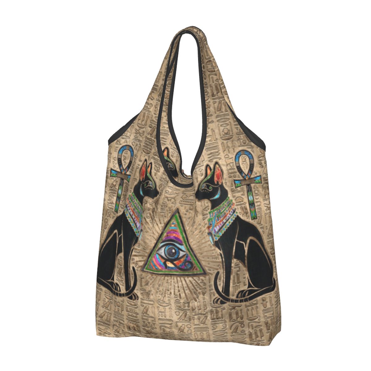 Custom Reusable Egyptian Cats And Eye Of Horus Shopping Bag Women Tote Bag Portable Ancient Egypt Groceries Shopper Bags: Navy Blue