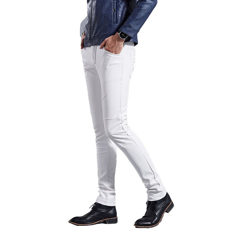 Mannen Herfst Dunne Lederen Broek Slim Fit Lederen Broek Jeugd Voeten Stretch Motorfiets Pu Lederen Broek