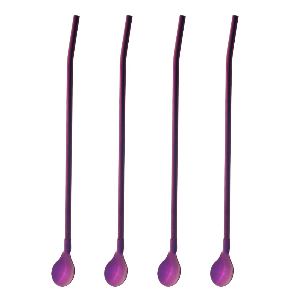 4 unids/set reutilizable paja larga cuchara Multicolor 18/10 pajas de acero inoxidable cuchara para té Bar de café agitación cuchara de beber: Purple