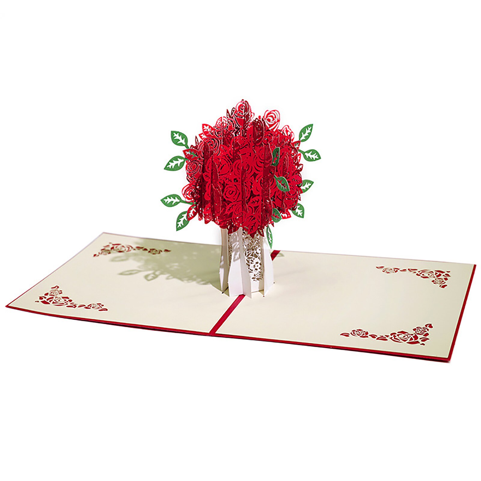3D Paper Red Rose Flower Bouquet Pop Up Greeting Card with Envelope for Wedding Valentines Day Birthday Anniversary 15x15cm: A