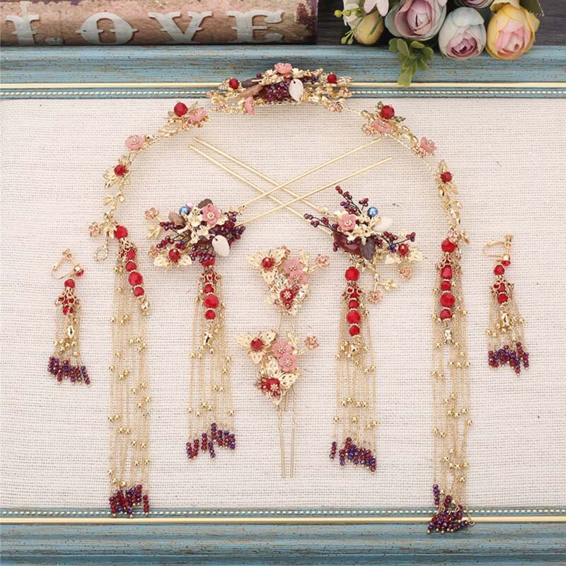 FORSEVEN chinois Vintage mariée ensemble de bijoux de mariage chine traditionnelle ethnique chapellerie de mariée diadème couronne épingles à cheveux boucles d'oreilles