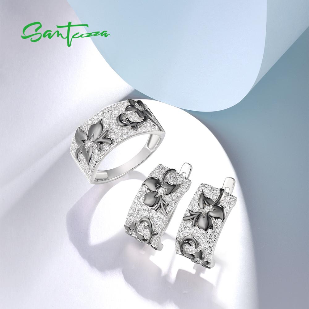 SANTUZZA-Conjunto de joyería para mujer, Plata de Ley 925 brillante, Circonia cúbica blanca, flores negras, conjunto de anillo y pendientes, joyería fina