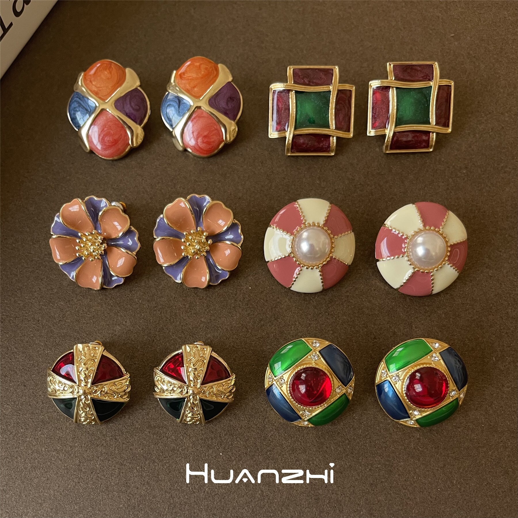 HUANZHI-pendientes esmaltados geométricos Vintage para mujer, aretes de flor de perla francesa, tachuelas de esmalte colorido, joyería para mujer, de