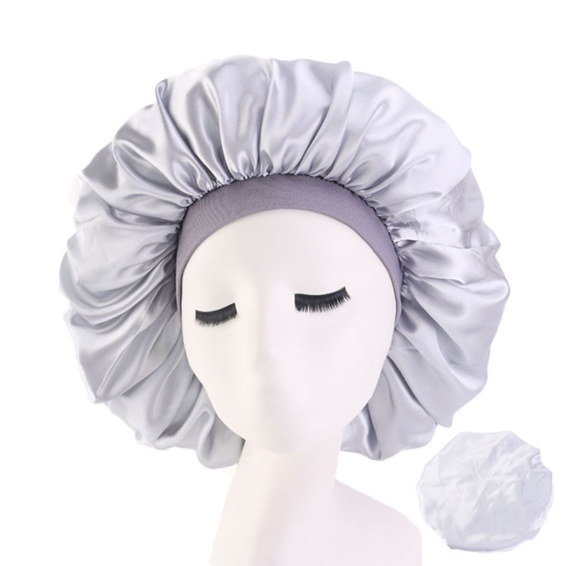Satin hætte ensfarvet turban kemo hat kvinder bred elastik fast nattesøvn huer skullies kemo hue: Sølvfarvet