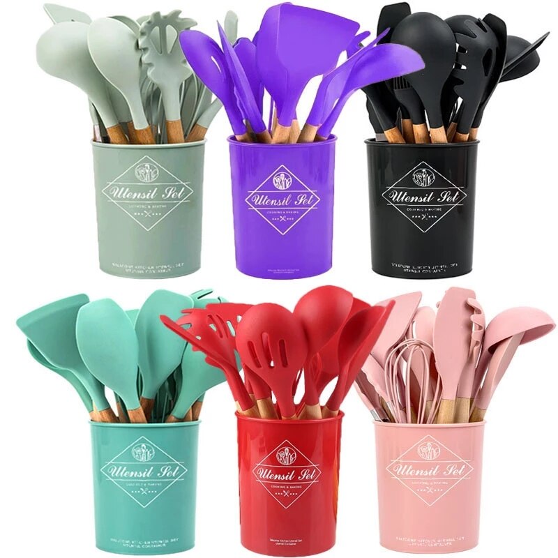 11pcs non-stick spatula kitchen utensils cooking set Multi-color storage barrels wooden handle silicone kitchen utensils