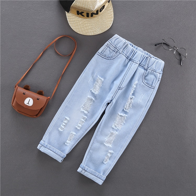 Lasten repeytyneet reikäfarkut housut kevät lasten rikki denim housut pojalle tytölle farkut koko 90-130