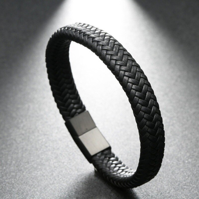 Mode Mannen Sieraden Handgemaakte Gevlochten Lederen Armband Zwart Roestvrij Staal Magnetische Sluitingen Mannen Wrist Band