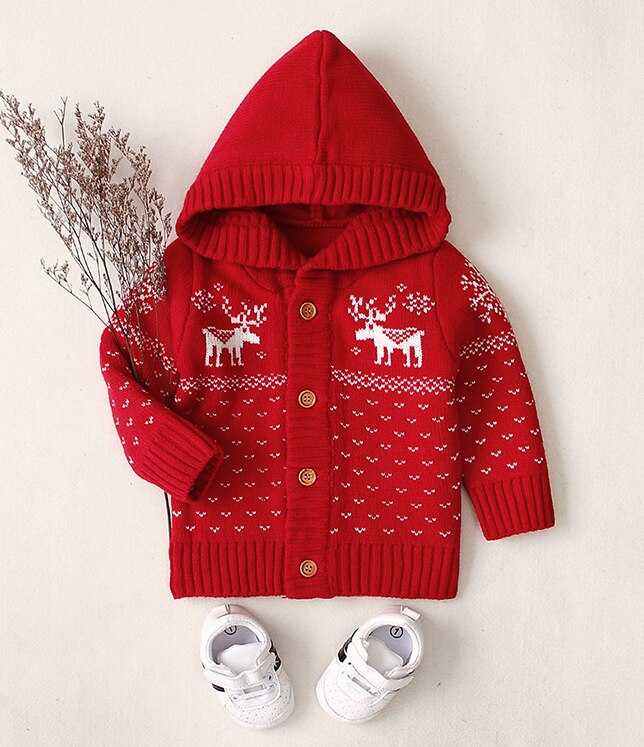 US STOCK Chirstmas Newborn Baby Girls Boy Knitted Deer Coat Sweater Outfits Clothes: Red / 18M