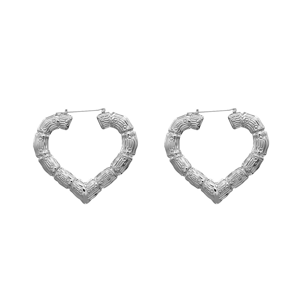 AMORCOME Punk Style Big Bamboo Heart Shape Hoop Earrings For Women Hip Hop Large Bamboo Joint Peach Heart Earrings Jewelry: 65mm silver color