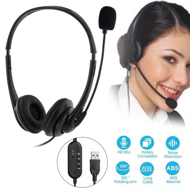 Black Usb Microphone Adjustable Headband Wired Stereo Headset Noise Cancelling Earphone For Computer Laptop Desktop