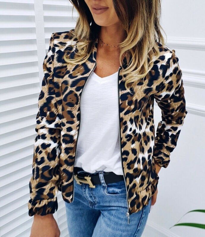Høst fritid komfort kvinner damer leopard trykte jakker høst varm kvinnelig glidelås søm trendy jente jakke