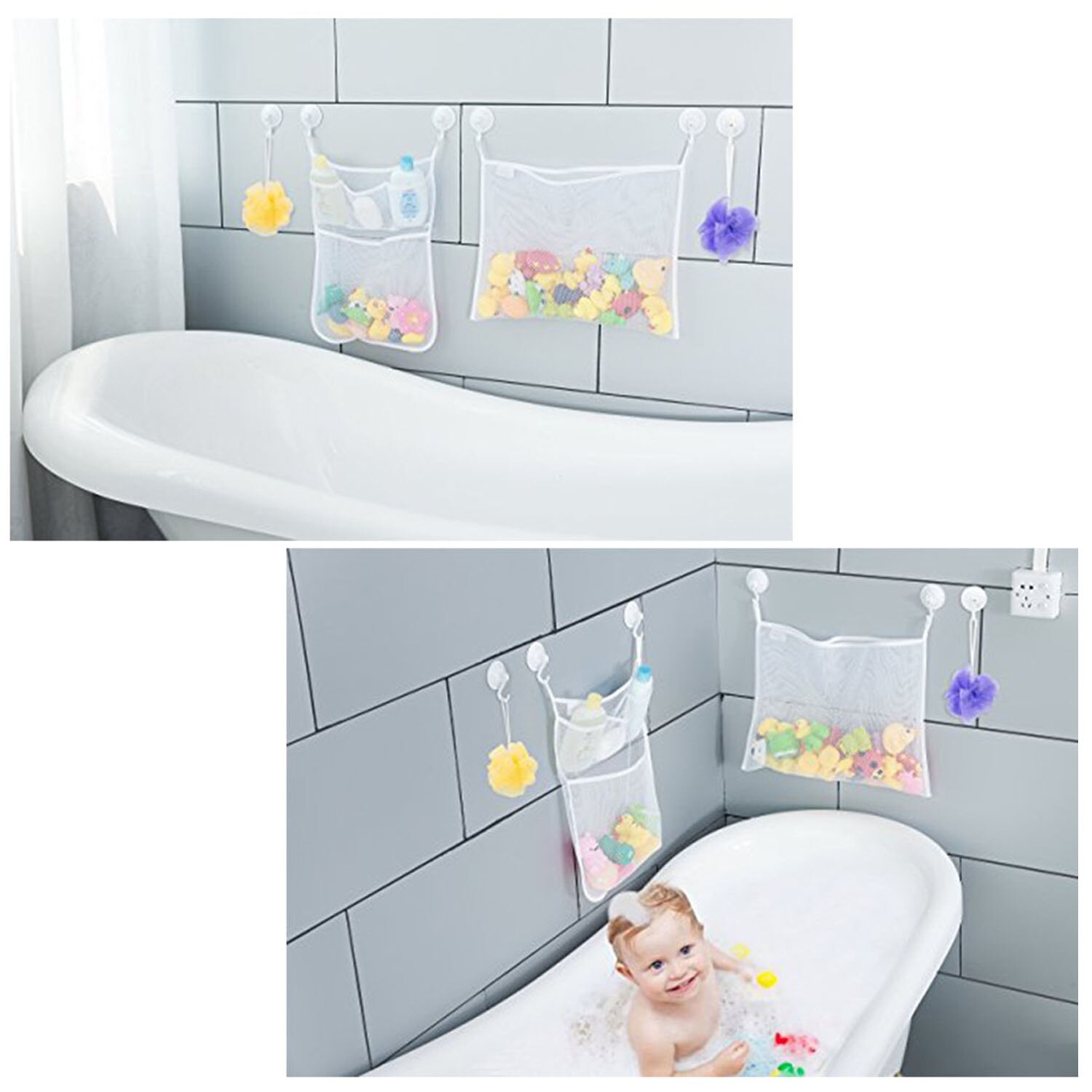 Behogar 2cps siatka łazienka uchwyt na zabawki organizator kąpieli wanna kuchnia wiszące przechowywania torba siatkowa prysznic Cubby z 6 sztuk przyssawki