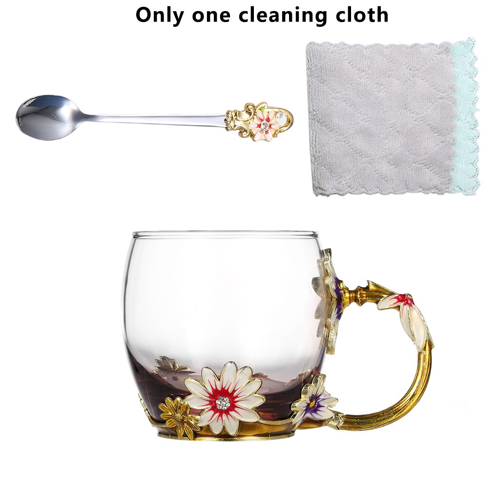 FenKicyen Enamel Glass Cup Red Blue Rose Flower Coffee Cup Wine Cocktail Glasses Tea Mug With Spoon For Lover 320-350ml 1pc: Coffee Daisy-320ml