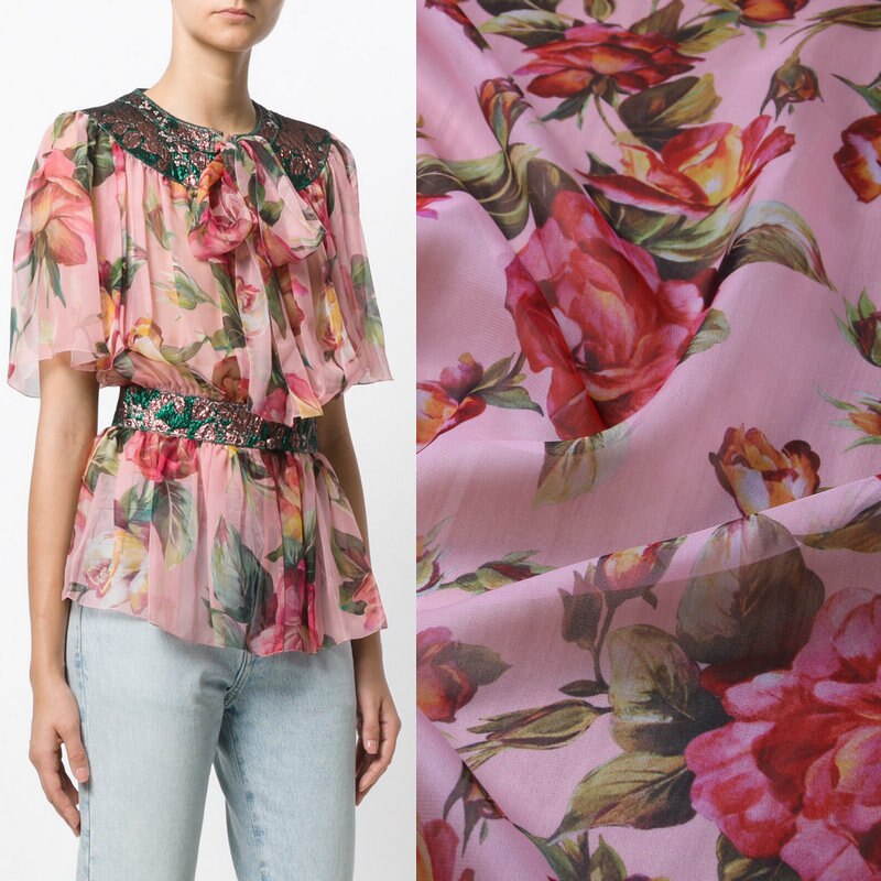 100X145 cm Week Runway China Rose Bloemen Zwarte Dunne Chiffon Stof voor Vrouw Meisje Zomer Lange Strand jurken Naaien