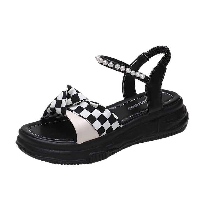 Thick-soled Sandals Women&#39;s Summer Color Matching Checkerboard Beach Sandals Open Toe Shoes Platform Shoes Sandals: B / 35