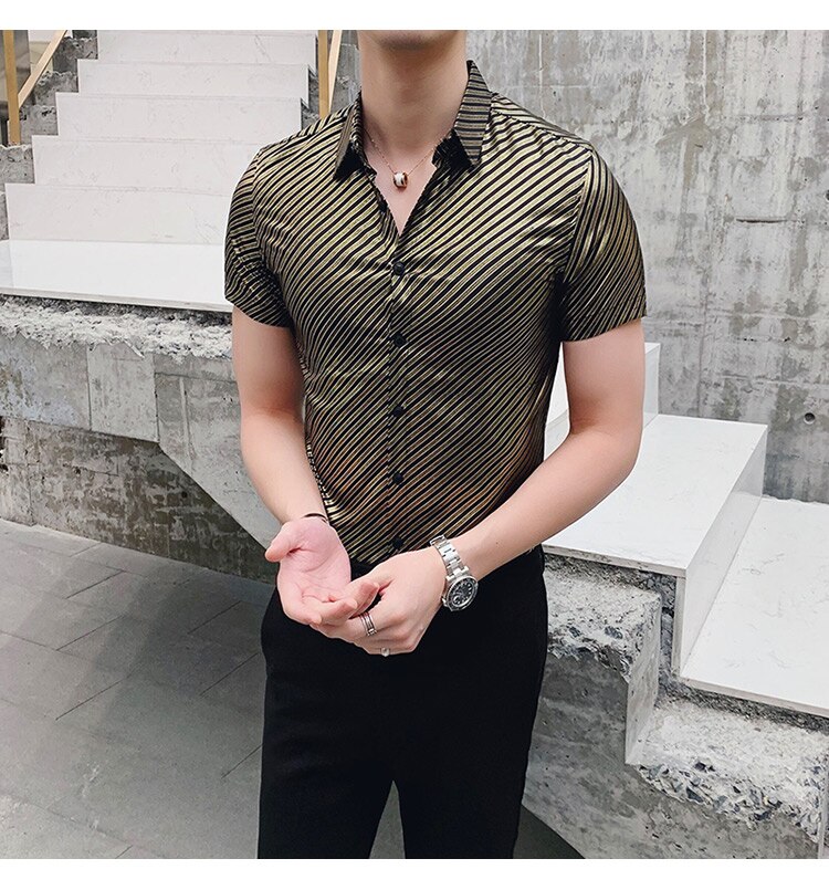 Mwxsd nachtclub heren gestreepte overhemden heren korte mouwen glanzend bronzing bedrukt slim fit overhemd heren casual slim fit overhemd