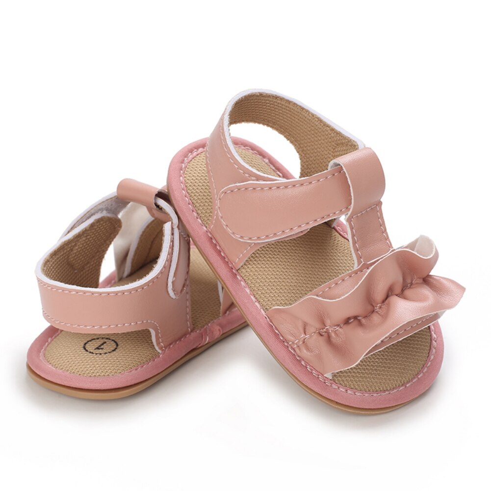 Sandali estivi bambini muli neonati ragazzi ragazze Prewalker neonati PU bordo arricciato suola morbida presepe primi camminatori scarpe piatte con