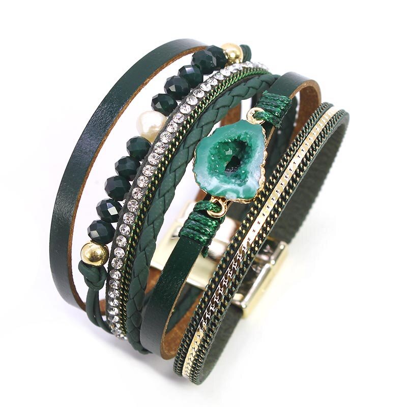 D & D pulseras de cuero de cristal para mujer estilo Retro Boho tejido ancho multicapa Charm Bracelet & Bangles joyería femenina: Default Title