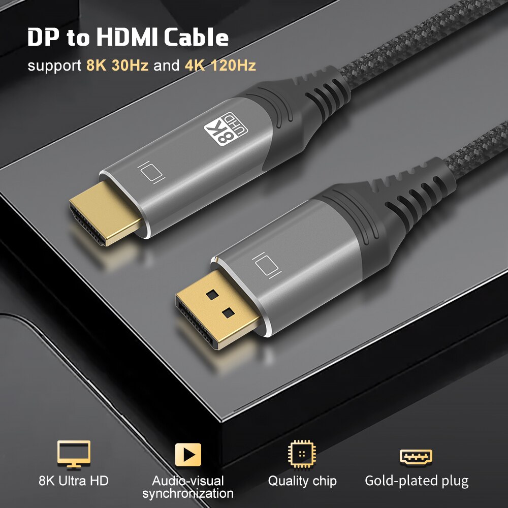 8K DisplayPort to HDMI-compatible Cable UHD 8K@30Hz 4K@120Hz Ultra Speed 48Gbps HDR for projector HDTV DP1.4 to HD2.1 Cable