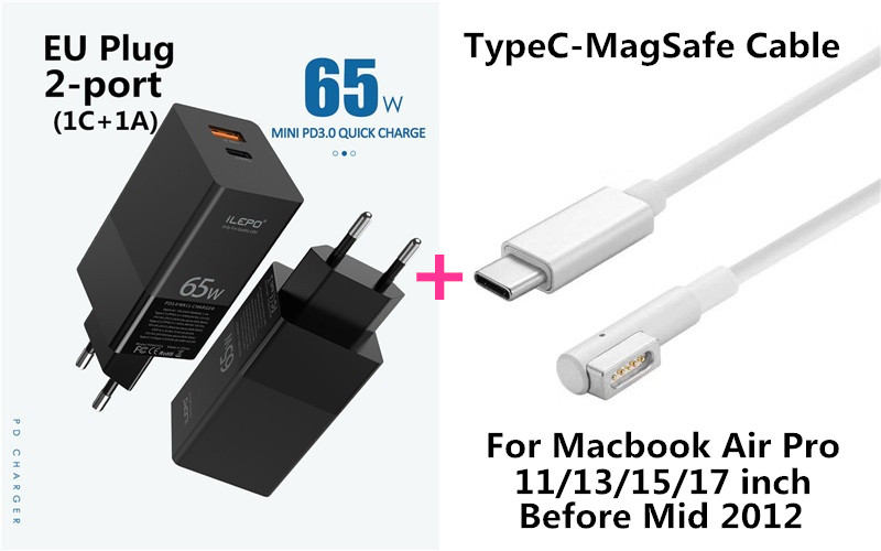 65W GaN USB C PD MagSaf* Power Adapter 2-Ports Fast Smart Mobile Phone Quick Charger For Laptop Macbook iphone Xiaomi Huawei: EU With MagSafe