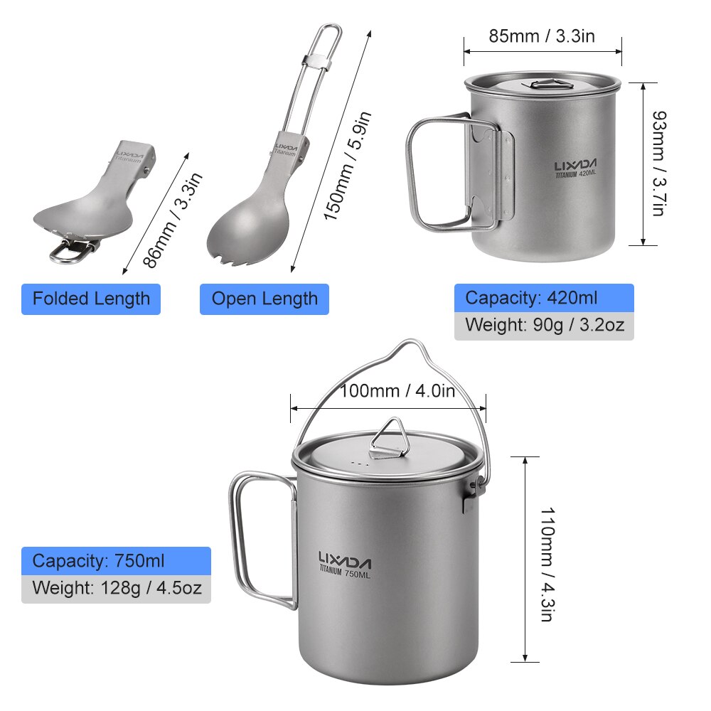 Lixada Lightweight Titanium 3 Pieces Set Titanium 750ml Pot Water Cup Mug Folding Spork for Outdoor Camping Hiking Backpacking