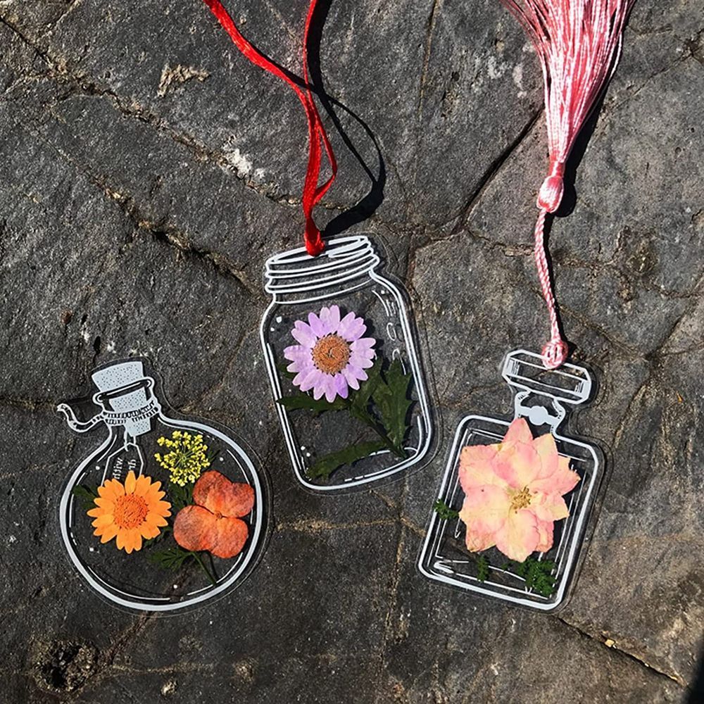 Marcapáginas de flores prensadas con patrón de botella de deseos, marcapáginas de flores secas transparentes, marcapáginas de página de flores
