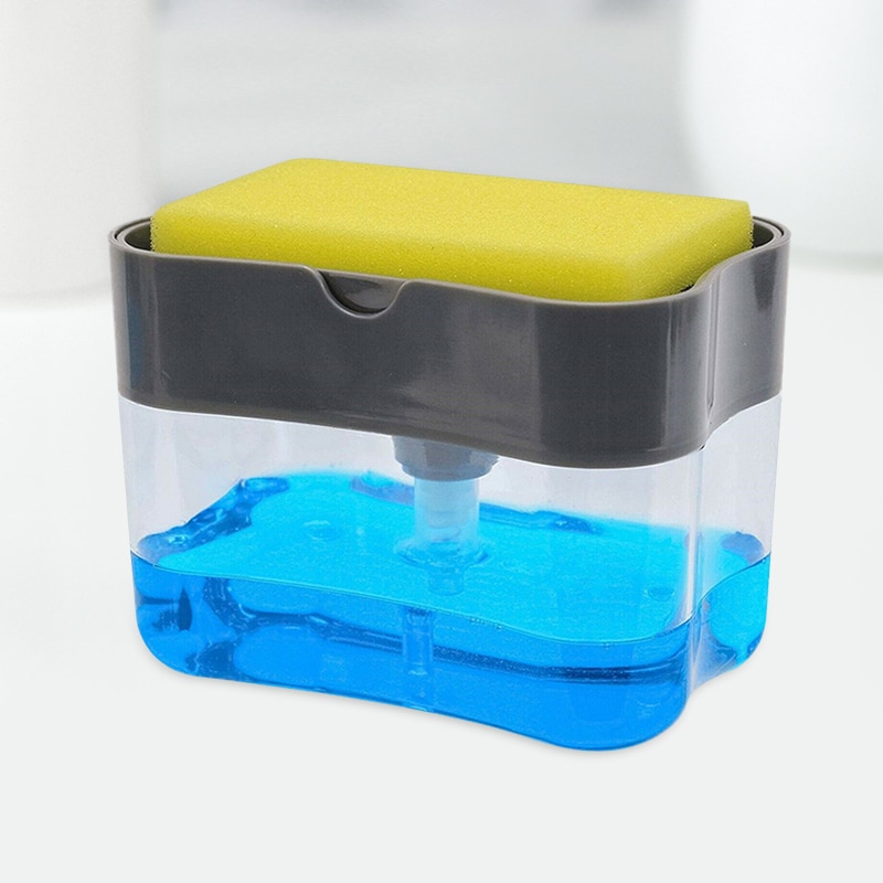 Distributeur de savon plat savon pompe boîte éponge Caddy cuisine créative 2-en-1 presse manuelle distributeur de savon liquide avec ensemble d'éponge de lavage: A